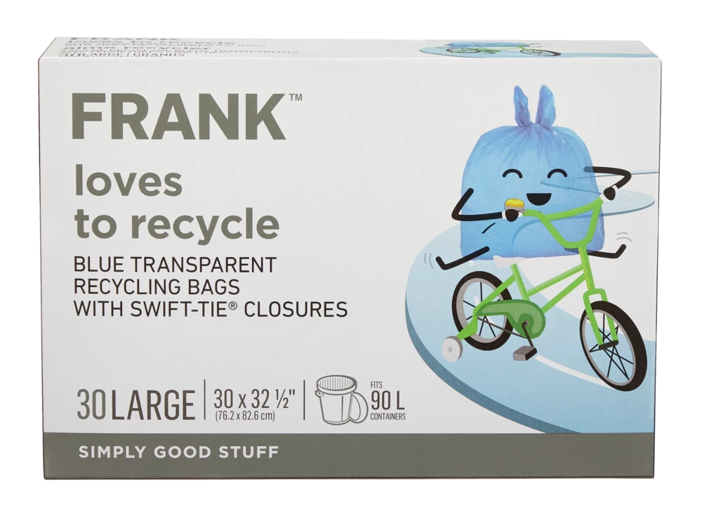 FRANK Large Swift-Tie Recycling Bags, Blue Transparent, 30-pk, 90-L 3 FRANK Large Swift-Tie Recycling Bags, Blue Transparent, 30-pk, 90-L
