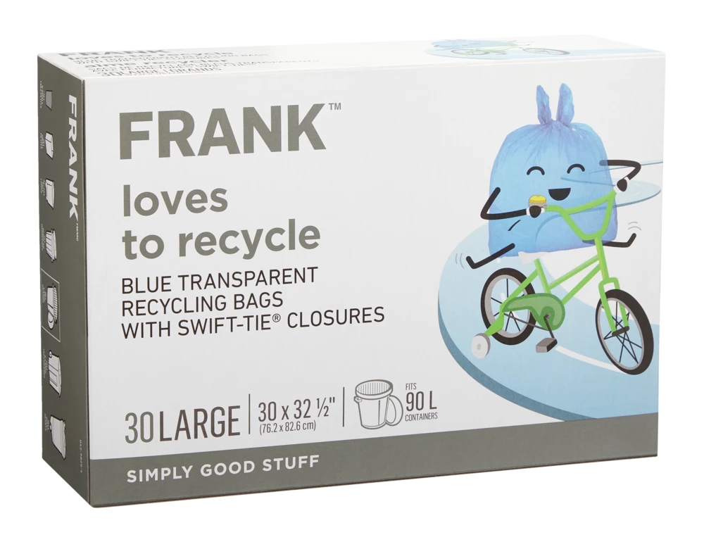 FRANK Large Swift-Tie Recycling Bags, Blue Transparent, 30-pk, 90-L 6 FRANK Large Swift-Tie Recycling Bags, Blue Transparent, 30-pk, 90-L - Image 4