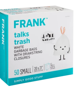 FRANK Small Drawstring Unscented Garbage Bags, 50-pk, White, 25-L